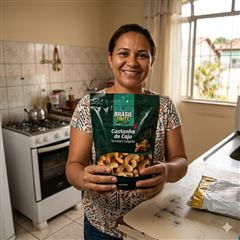 Foto enviada pela cliente Ana Clara segurando o pacote da AgroCaju na cozinha de casa