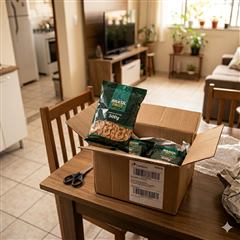 Foto enviada pela cliente Maria Santos mostrando o pacote da AgroCaju recebido em casa