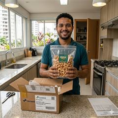 Foto enviada pelo cliente Rafael Torres segurando o pacote da AgroCaju recém-recebido